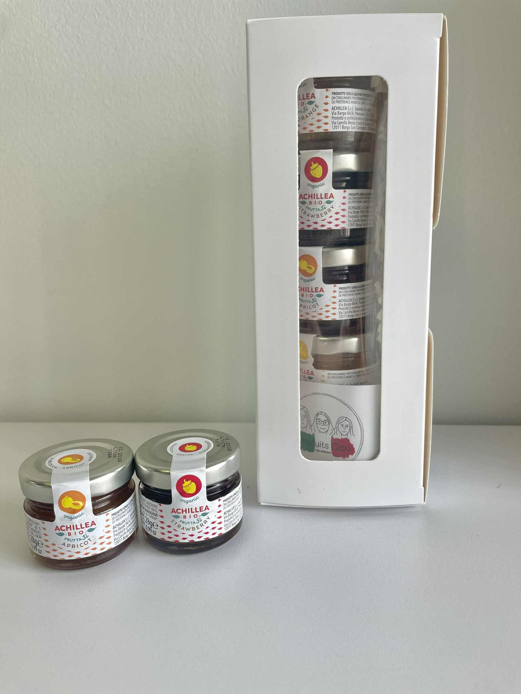 Assortiment découverte de 5  tartinades BIO  Achillea format individuel 28 g (Fraise, Baies sauvage, Orange amère, Abricot et Miel d'acacia.